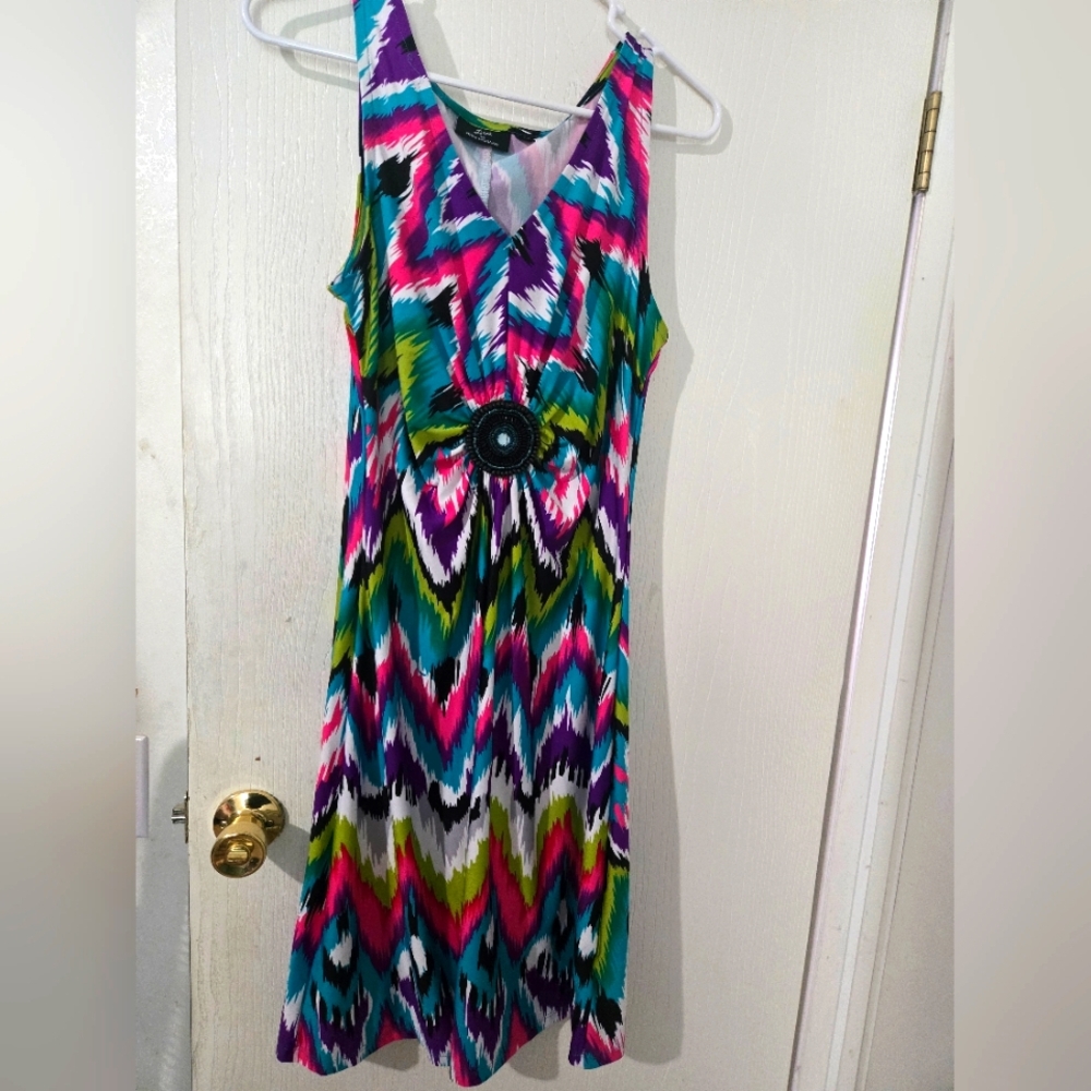 Medium Nina Leonard Pink and Blue Multicolor Sleeveless V-Neck Sundress